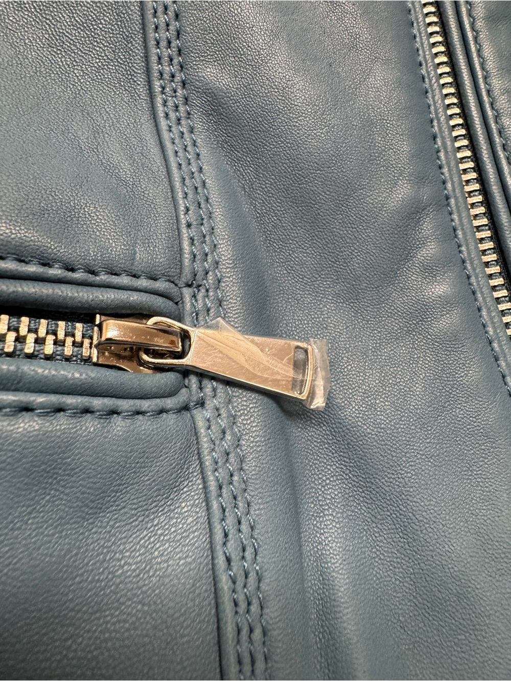 Neiman Marcus Exclusive Women's Blue Leather Zip-Front Jacket - Picture 11 of 14